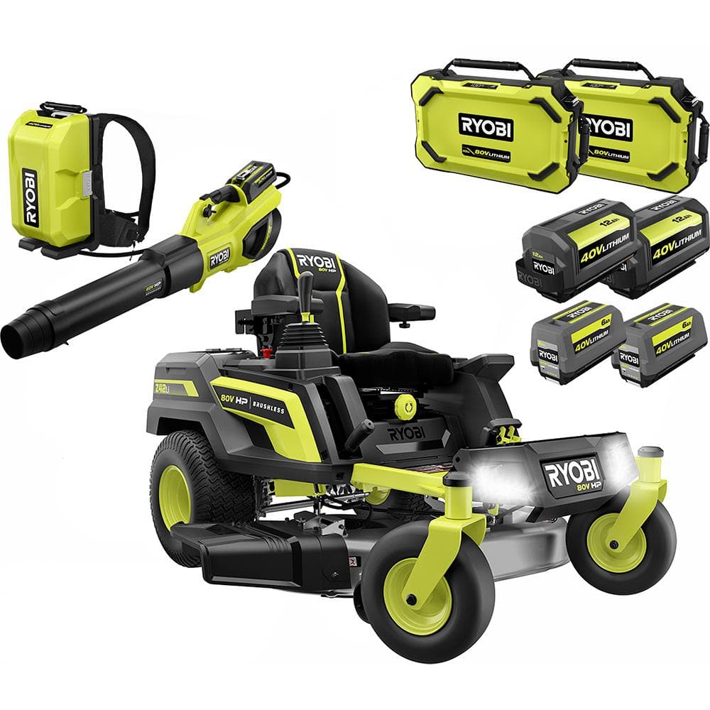RYOBI 42 in. 80-Volt HP Brushless Battery Electric Cordless Zero Turn Mower, Blower, Backpack Battery - Batteries and Chargers