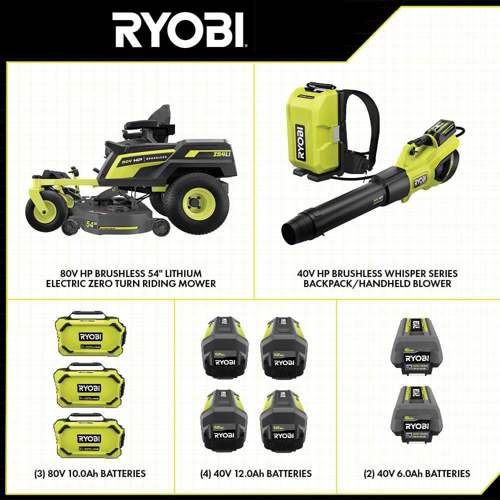 RYOBI 54 in. 80-Volt HP Brushless Battery Electric Cordless Zero Turn Mower, Blower, Backpack Battery - Batteries and Chargers