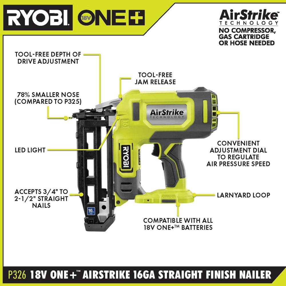 RYOBI ONE+ 18V AirStrike 16-Gauge Cordless Finish Nailer (Tool Only)
