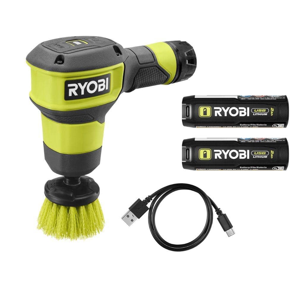 RYOBI USB Lithium Compact Scrubber Kit with 2.0 Ah Battery and USB Charging Cord with USB Lithium 2.0 Ah Lithium Battery