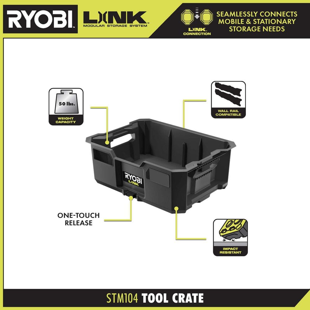 RYOBI LINK Tool Crate with LINK 7-Piece Wall Storage Kit and LINK Wall Rails (2-Pack)