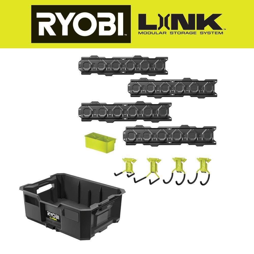 RYOBI LINK Tool Crate with LINK 7-Piece Wall Storage Kit and LINK Wall Rails (2-Pack)