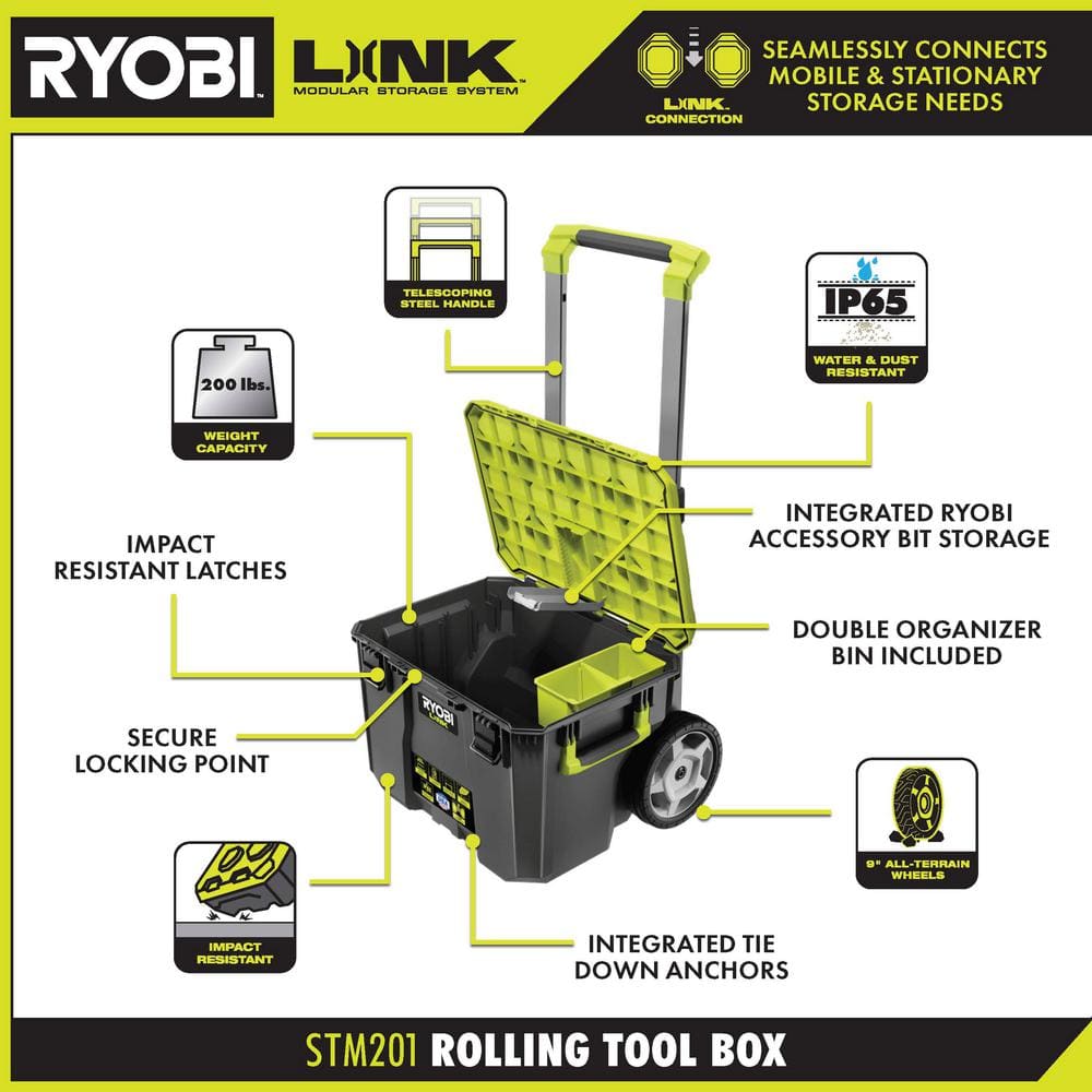 RYOBI LINK Rolling Tool Box w/ Medium Tool Box and Wall Rail (2-Pack)