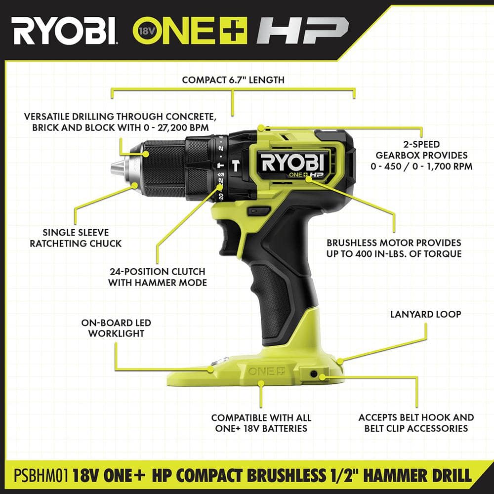 RYOBI ONE+ HP 18V Brushless Cordless Compact 1/2 in. Hammer Drill Kit with (1) 1.5 Ah Battery, Charger, & 40PC Bit Set