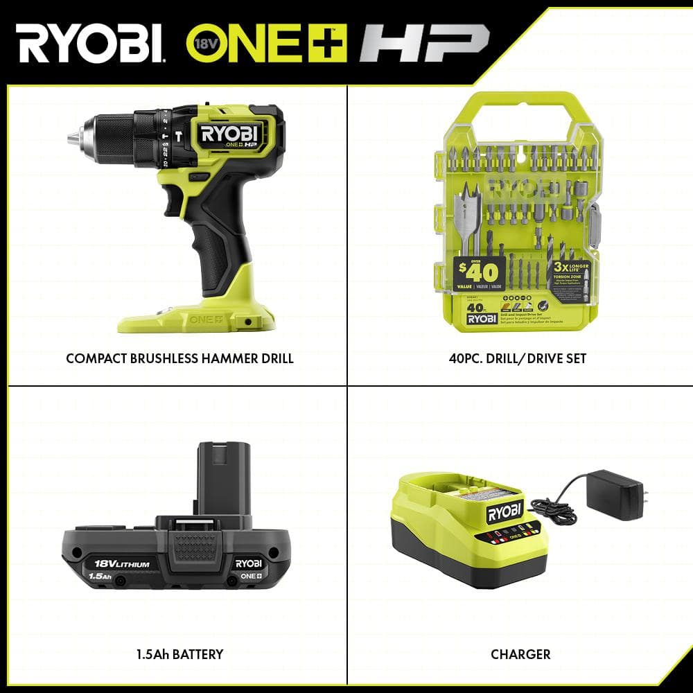 RYOBI ONE+ HP 18V Brushless Cordless Compact 1/2 in. Hammer Drill Kit with (1) 1.5 Ah Battery, Charger, & 40PC Bit Set