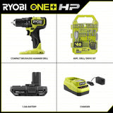 RYOBI ONE+ HP 18V Brushless Cordless Compact 1/2 in. Hammer Drill Kit with (1) 1.5 Ah Battery, Charger, & 40PC Bit Set