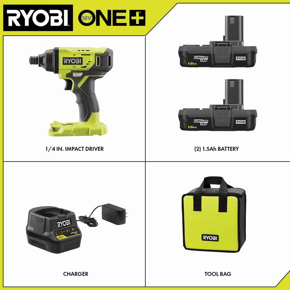 RYOBI ONE+ 18-Volt Lithium-Ion Cordless 1/4 in. Impact Driver Kit with (2) 1.5 Ah Batteries, Charger, and Bag