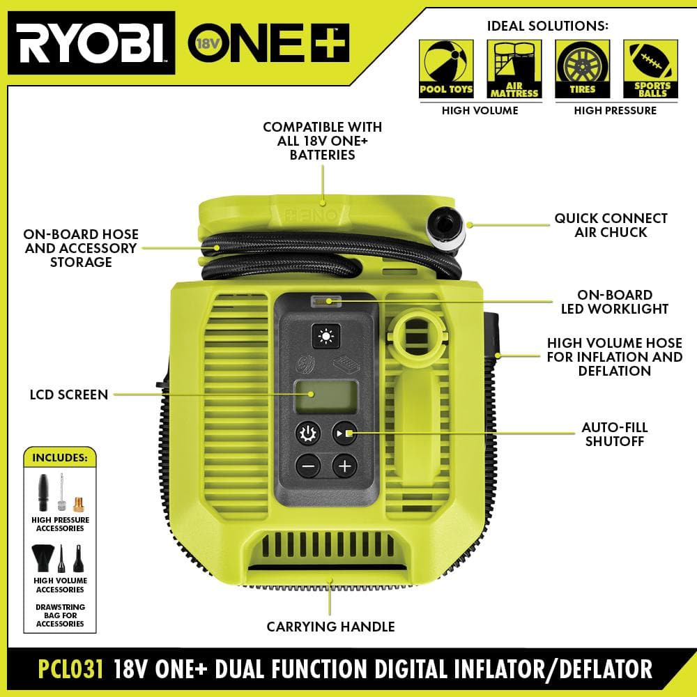RYOBI ONE+ 18V Cordless Dual Function Inflator/Deflator with Wet/Dry Hand Vacuum (Tools Only)