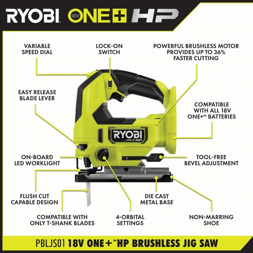 RYOBI 18V ONE+ HP Brushless Cordless Jig Saw with 4.0 Ah Lithium-Ion Battery