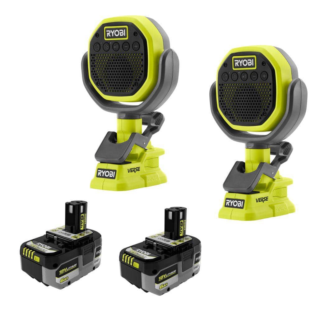 RYOBI ONE+ 18V Cordless VERSE Clamp Speaker (2-Pack) with 6.0 Ah HIGH PERFORMANCE Battery (2-Pack)