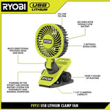 RYOBI USB Lithium Clamp Fan Kit with USB Lithium 2.0 Ah Lithium Rechargeable Battery