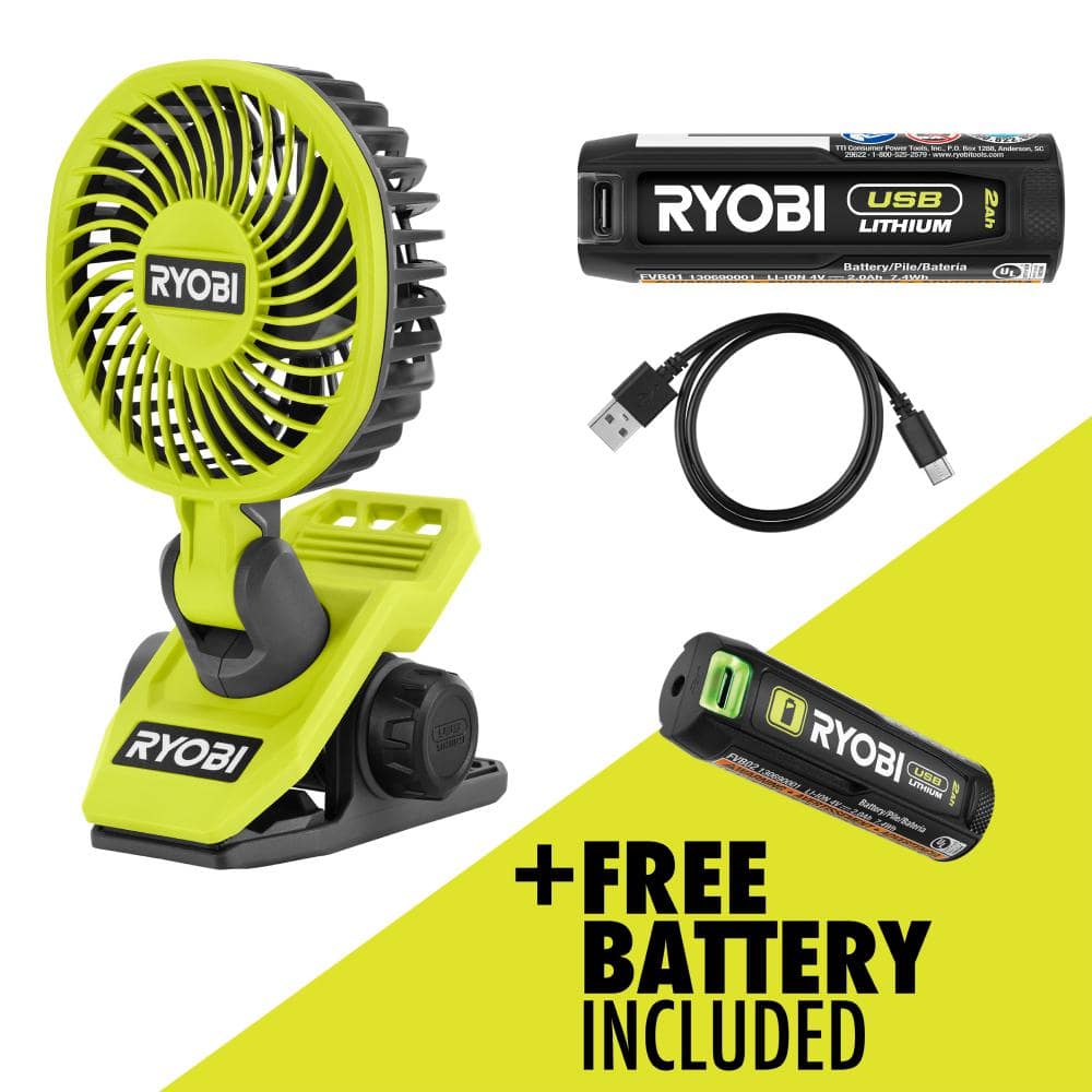 RYOBI USB Lithium Clamp Fan Kit with USB Lithium 2.0 Ah Lithium Rechargeable Battery