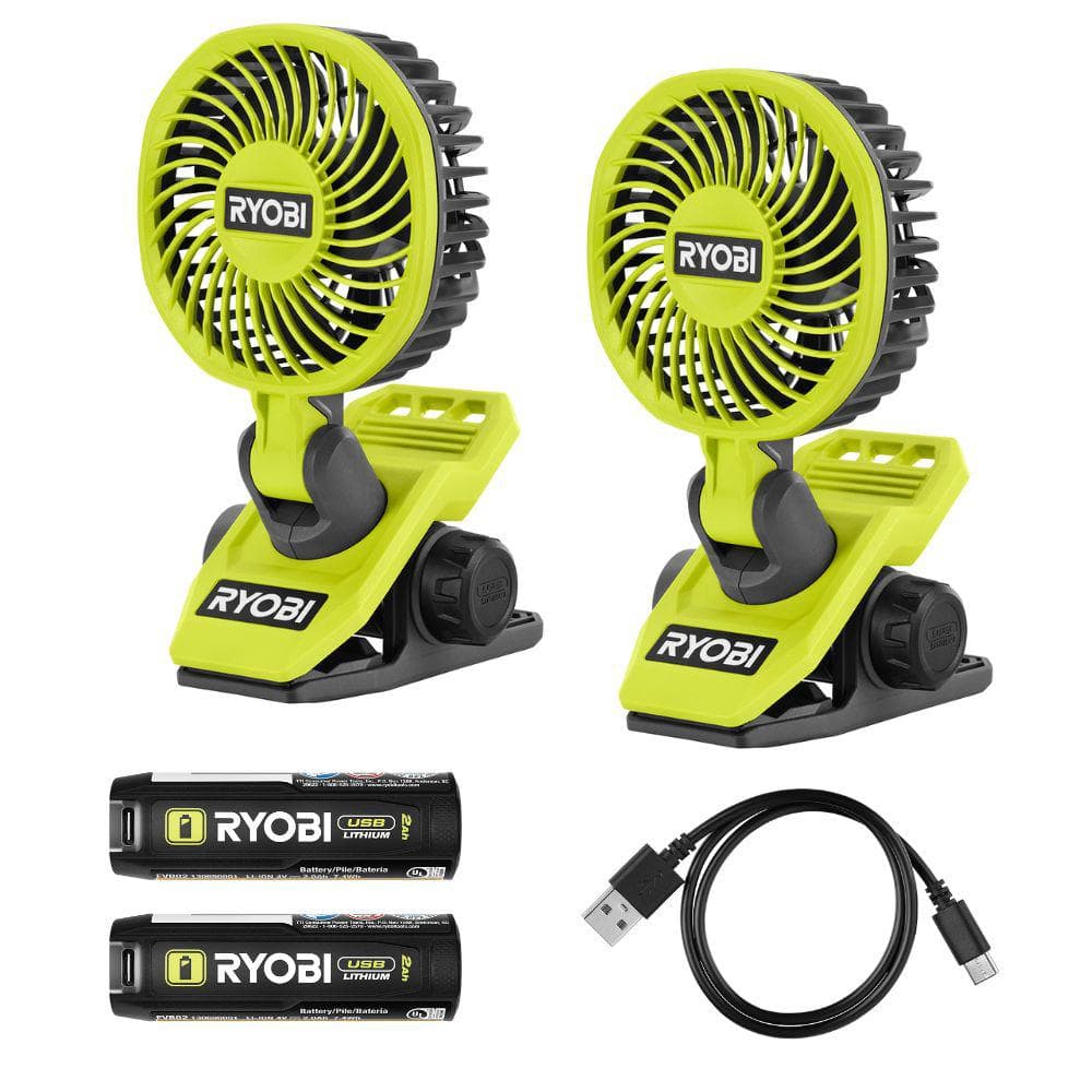 RYOBI USB Lithium Clamp Fan Kit 2-Pack with (2) 2.0 Ah USB Lithium Batteries and Charging Cable