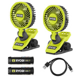 RYOBI USB Lithium Clamp Fan Kit 2-Pack with (2) 2.0 Ah USB Lithium Batteries and Charging Cable