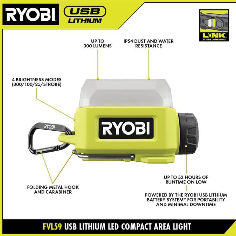 RYOBI USB Lithium Compact Cordless Area Light Kit with (1) 2Ah USB Battery and Charging Cable