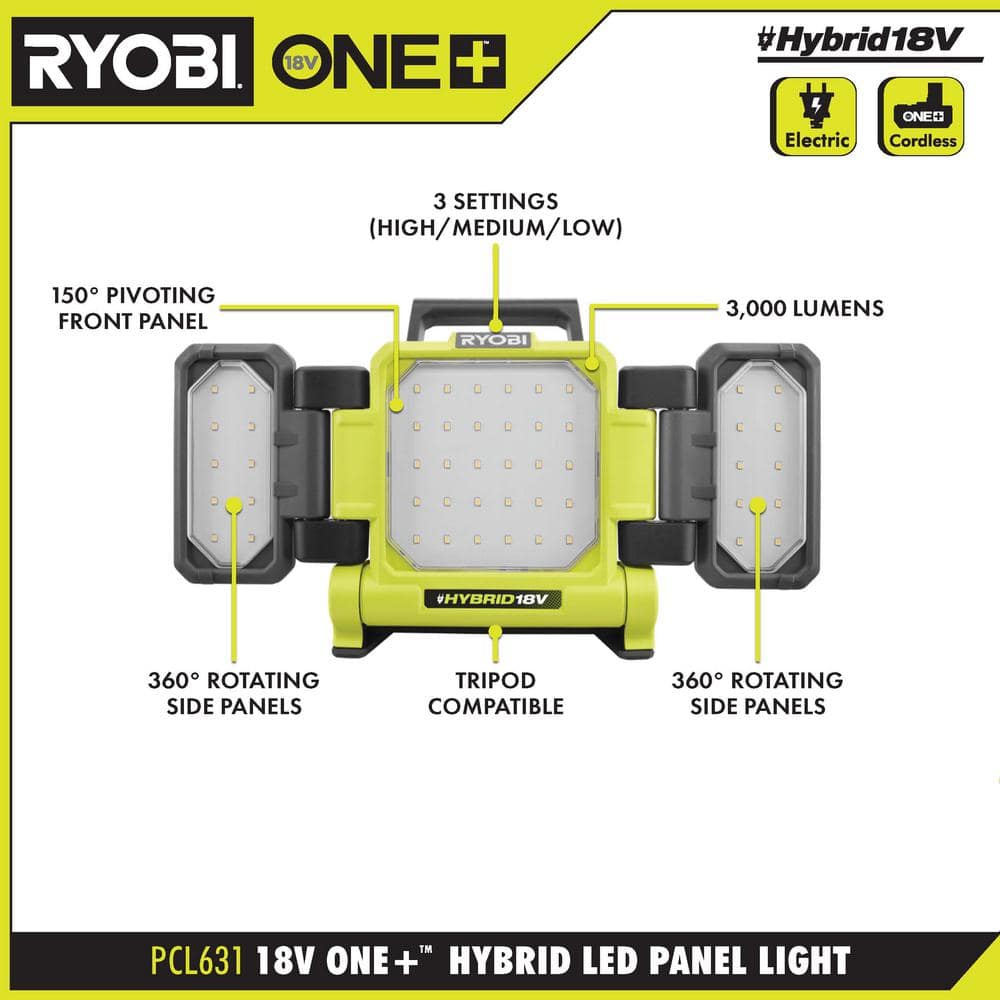 RYOBI ONE+ 18V 3-Tool Lighting Kit with Hybrid Panel Light, Spotlight and Flexible Clamp Light (Tools Only)