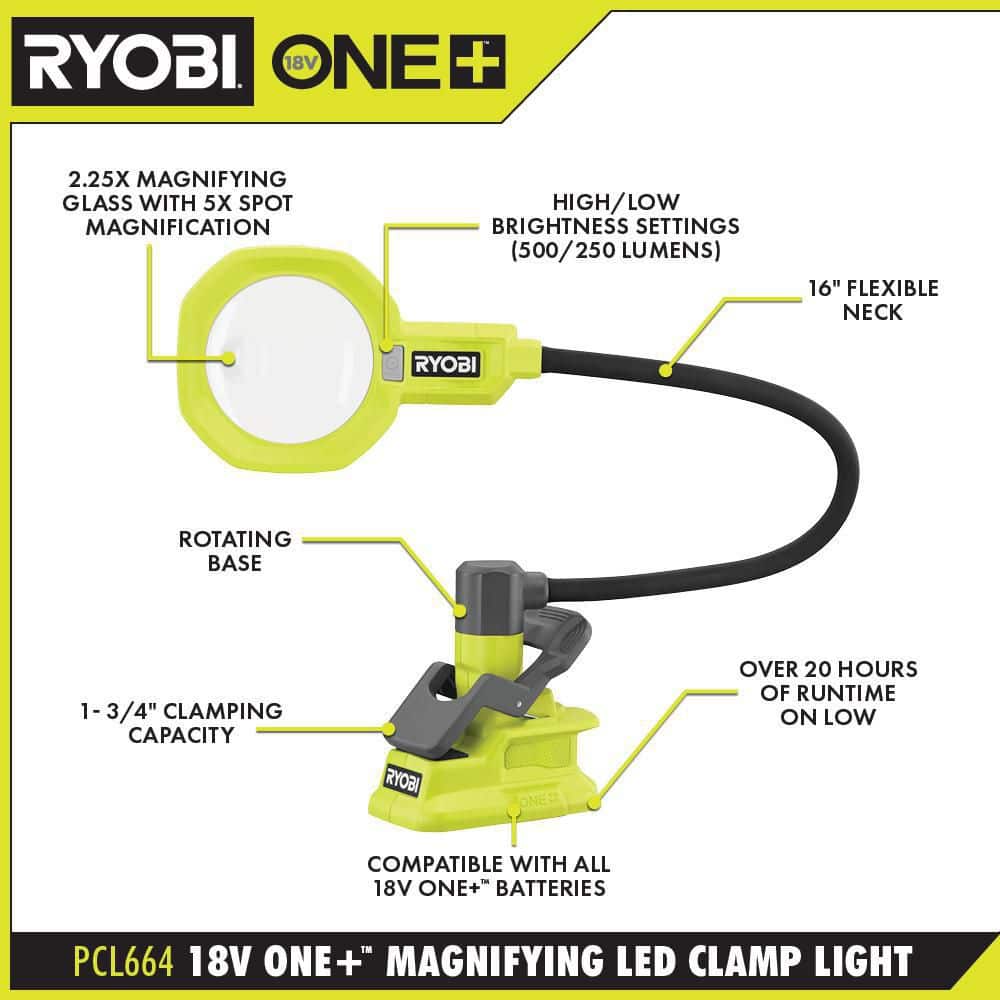 RYOBI ONE+ 18V Cordless LED Magnifying Clamp Light 2-Pack (Tools Only)
