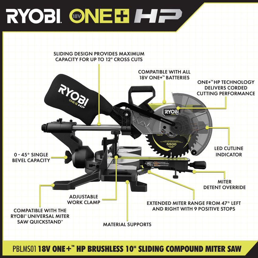 RYOBI ONE+ HP 18V Brushless Cordless 10 in. Sliding Compound Miter Saw (Tool Only) with Foldable Miter Saw QUICKSTAND