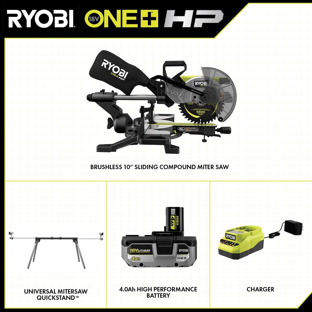 RYOBI ONE+ HP 18V Brushless Cordless 10 in. Sliding Compound Miter Saw Kit with 4.0 Ah Battery, Charger, and Miter Saw Stand