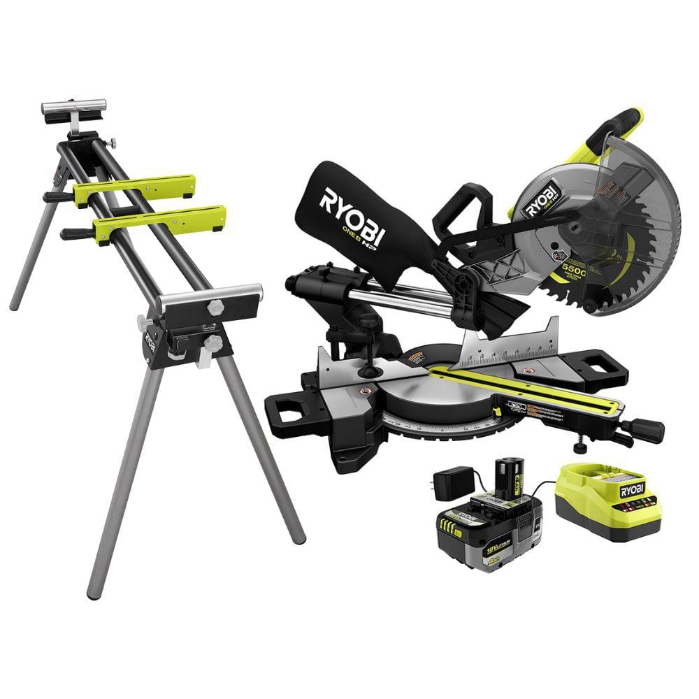 RYOBI ONE+ HP 18V Brushless Cordless 10 in. Sliding Compound Miter Saw Kit with 4.0 Ah Battery, Charger, and Miter Saw Stand