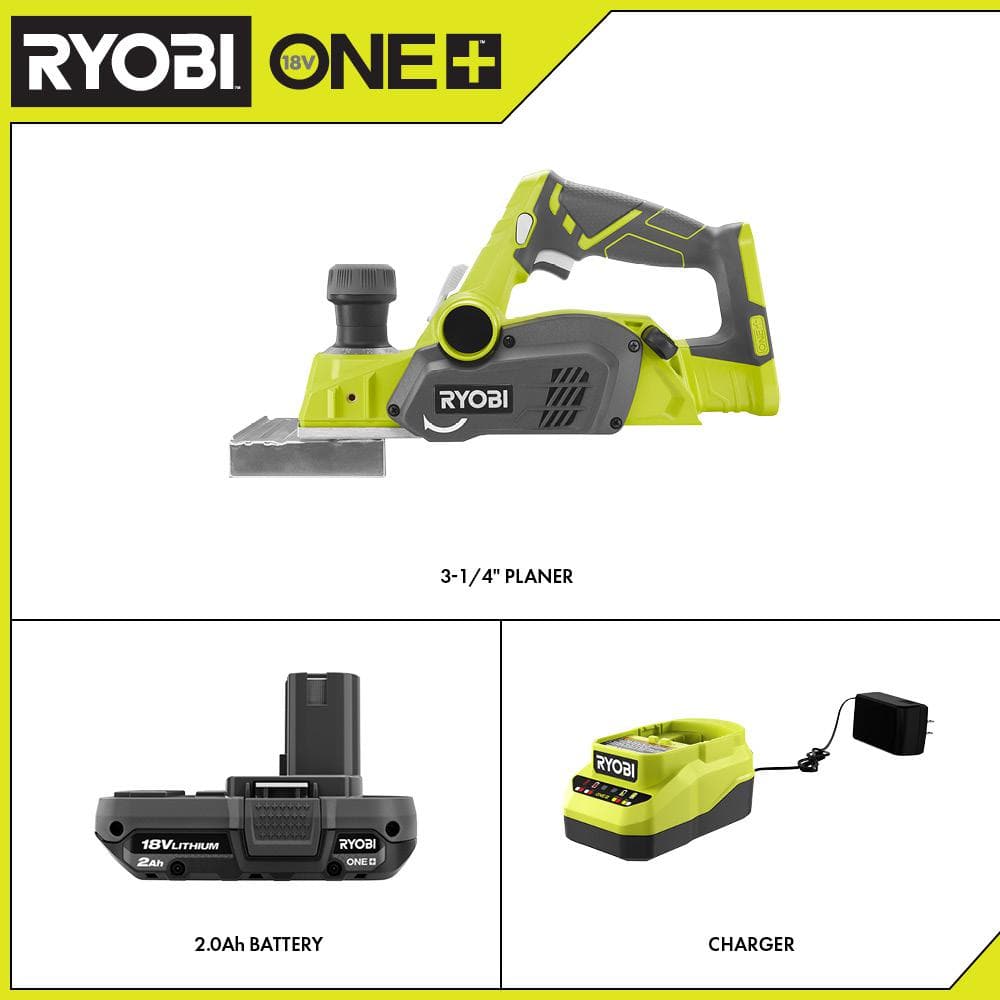 RYOBI ONE+ 18V Cordless 3-1/4 in. Planer with Dust Bag, 2.0 Ah Battery, and Charger