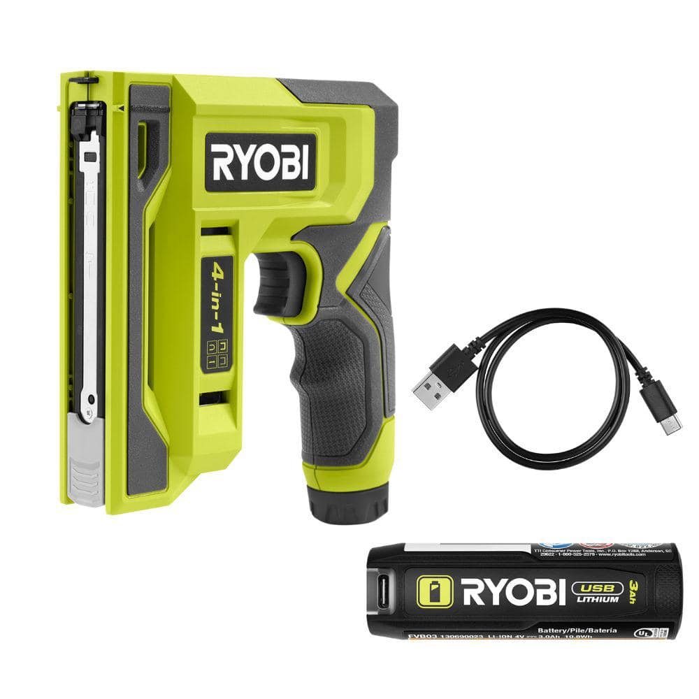 RYOBI USB LITHIUM 4-in-1 Stapler/Nailer Kit with 3.0 Ah Battery and Charging Cable