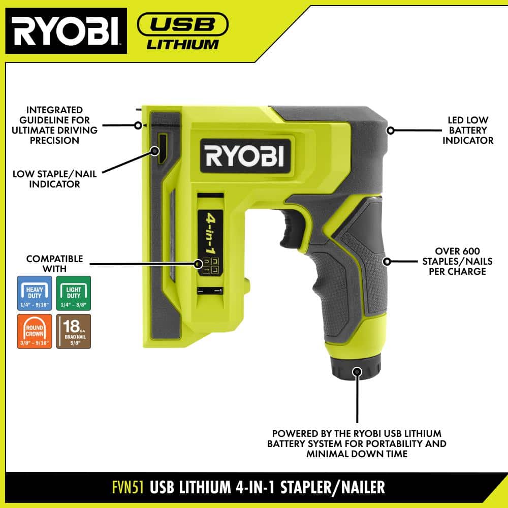 RYOBI USB LITHIUM 4-in-1 Stapler/Nailer Kit with 3.0 Ah Battery and Charging Cable