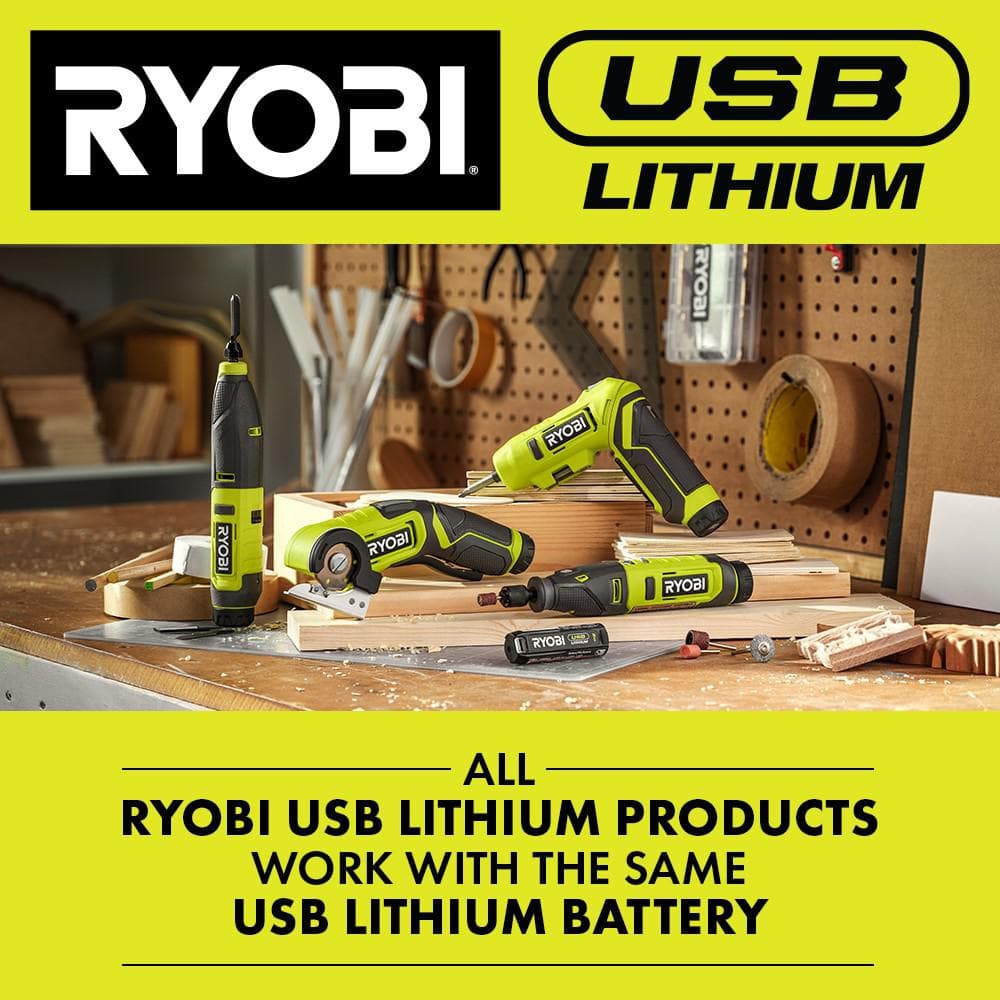 RYOBI USB Lithium Compact Scrubber Kit with 2.0 Ah Battery, USB Charging Cord, and (3) Medium Bristle Brushes