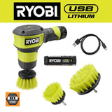 RYOBI USB Lithium Compact Scrubber Kit with 2.0 Ah Battery, USB Charging Cord, and (3) Medium Bristle Brushes