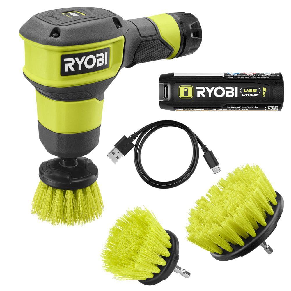 RYOBI USB Lithium Compact Scrubber Kit with 2.0 Ah Battery, USB Charging Cord, and (3) Medium Bristle Brushes