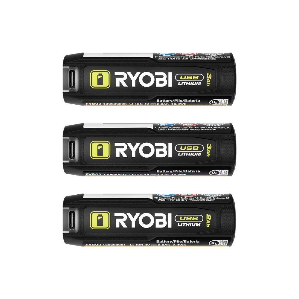 RYOBI USB Lithium 3.0 Ah Lithium-ion Rechargeable Battery (2-Pack) with USB Lithium 2.0 Ah Lithium Rechargeable Battery