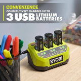 RYOBI USB Lithium 3-Port Charger with USB Lithium 3.0 Ah Lithium-Ion Rechargeable Battery