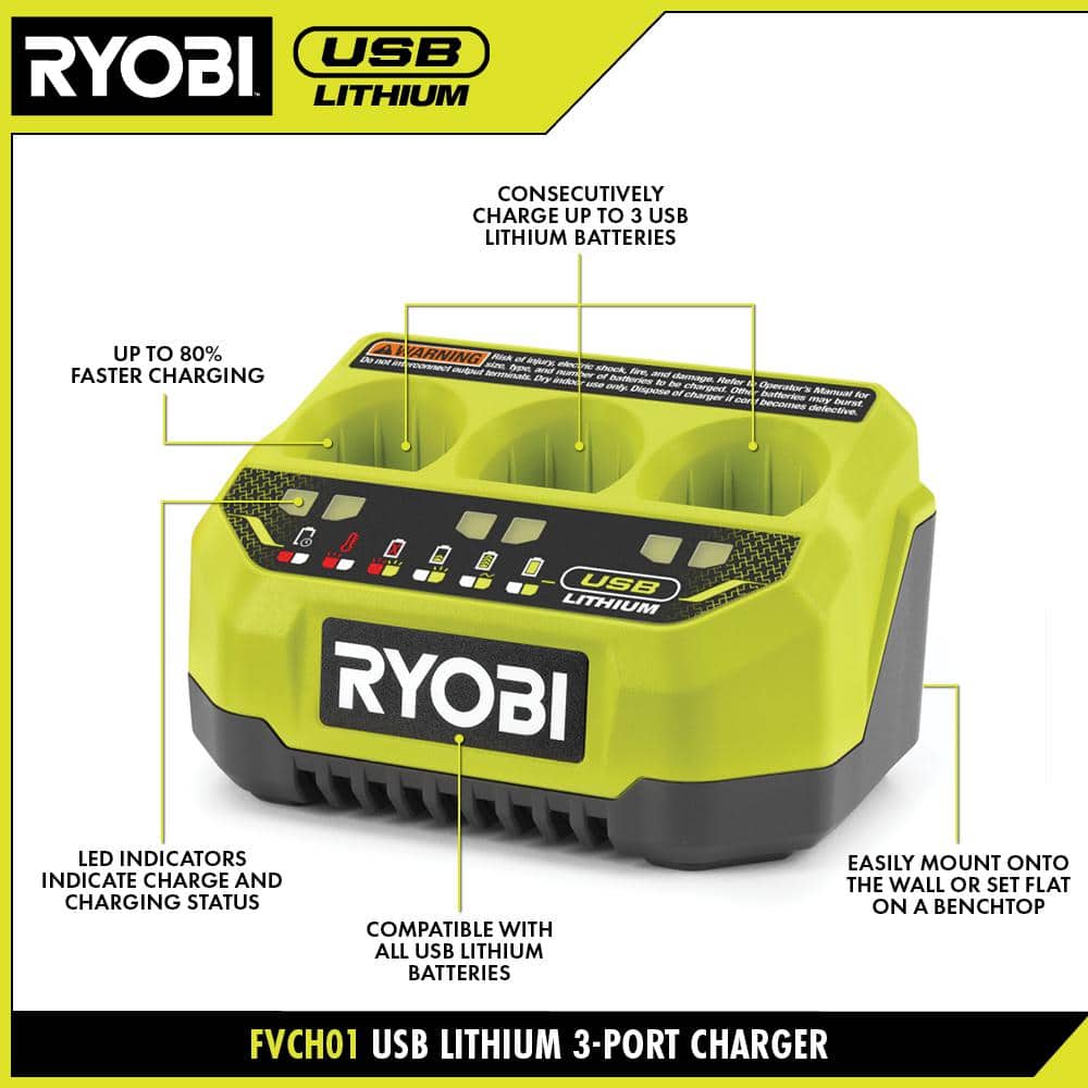RYOBI USB Lithium 3-Port Charger with USB Lithium 3.0 Ah Lithium-Ion Rechargeable Battery
