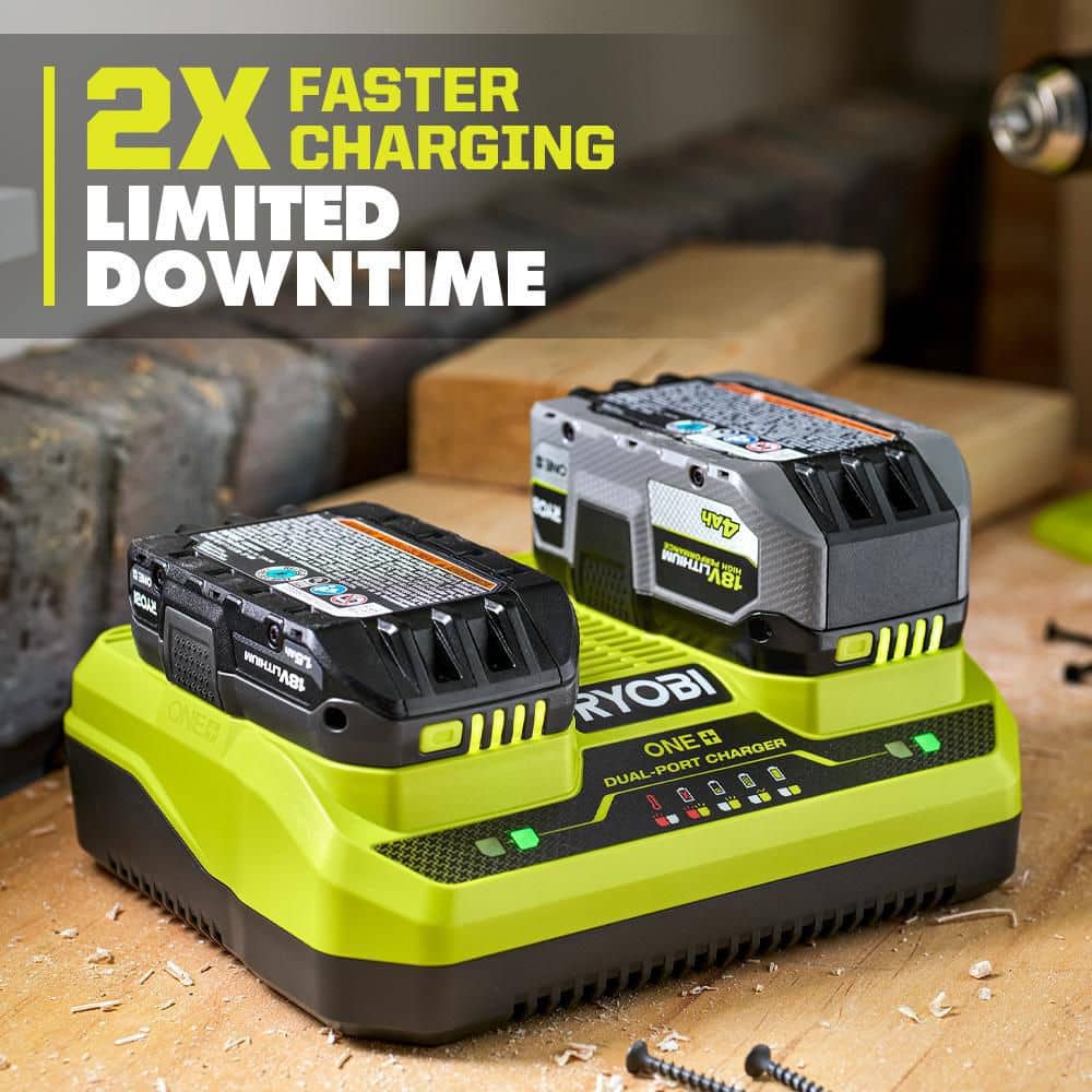 RYOBI ONE+ 18V Dual-Port Simultaneous Charger with ONE+ 18V 4.0 Ah Lithium-Ion Battery (2-Pack)