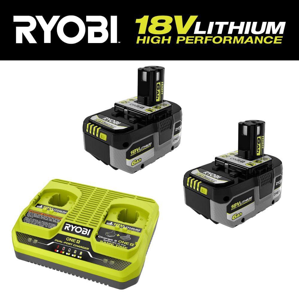 RYOBI ONE+ 18V Dual Port Simultaneous Charger with 6.0 Ah HIGH PERFORMANCE Battery (2-Pack)