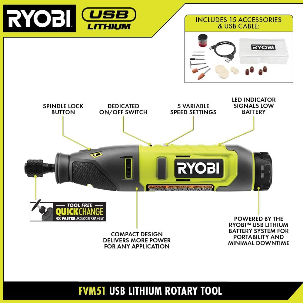 RYOBI USB Lithium Project Kit with Rotary Tool, Inspection Light, Screwdriver, Glue Pen, (2) 2 Ah Batteries, & Charging Cable