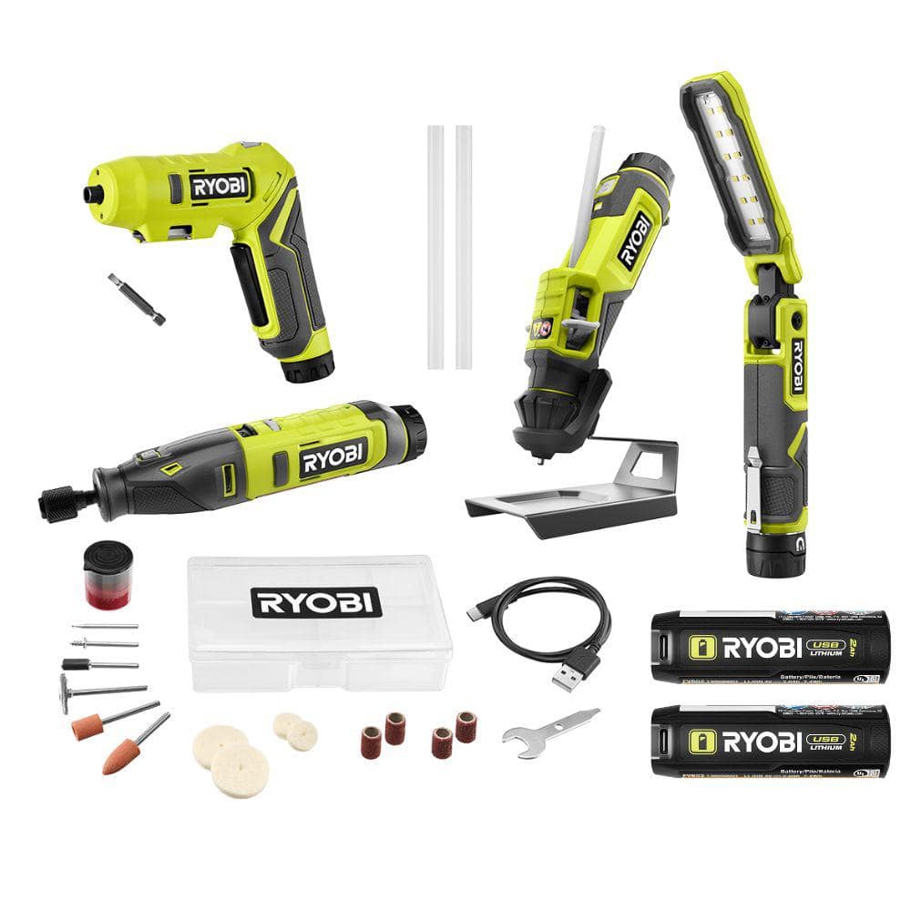 RYOBI USB Lithium Project Kit with Rotary Tool, Inspection Light, Screwdriver, Glue Pen, (2) 2 Ah Batteries, & Charging Cable