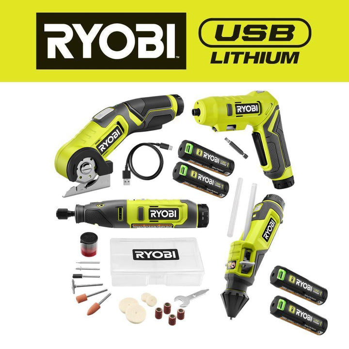 RYOBI USB Lithium 4Tool Combo Kit w/Screwdriver, Glue Pen, Rotary Tool, Power Cutter, Batteries, Charger &(2) 3.0 Ah Batteries