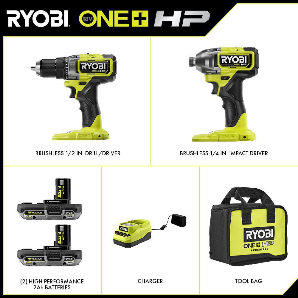 RYOBI ONE+ HP 18V Brushless Cordless 2-Tool Combo Kit w/(2) 2.0 Ah Batteries, Charger, Bag, and FREE 5-1/2 in. Circular Saw
