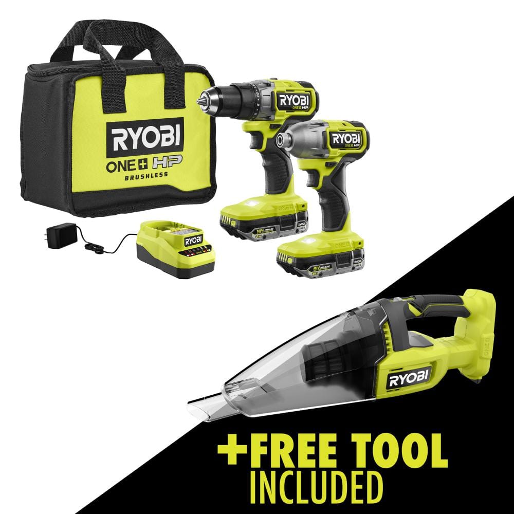 RYOBI ONE+ HP 18V Brushless Cordless 2-Tool Combo Kit w/(2) 2.0 Ah Batteries, Charger, Bag, and FREE Cordless Hand Vacuum