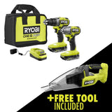 RYOBI ONE+ HP 18V Brushless Cordless 2-Tool Combo Kit w/(2) 2.0 Ah Batteries, Charger, Bag, and FREE Cordless Hand Vacuum