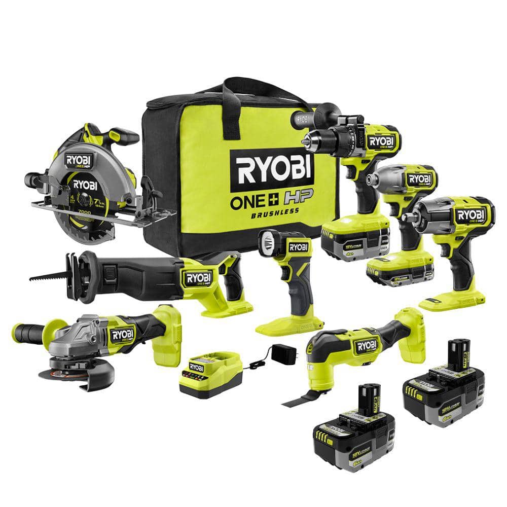 RYOBI ONE+ HP 18V Brushless Cordless 8-Tool Combo Kit w/ Batteries, Charger, & Bag w/ FREE (2) 6.0 HIGH PERFORMANCE Batteries