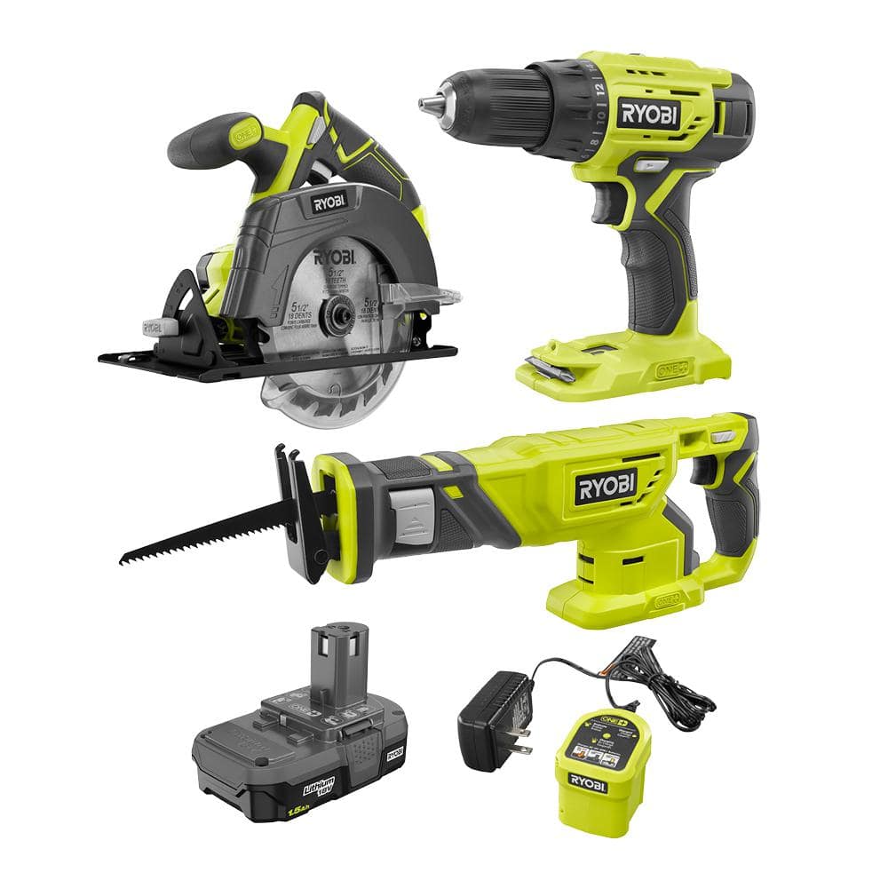 RYOBI ONE+ 18V Lithium-Ion Cordless 3-Tool Combo Kit with Drill/Driver, Circular Saw, Reciprocating Saw, (1) 1.5 Ah Battery and Charger