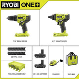 RYOBI ONE+ 18V Cordless 2-Tool Combo Kit w/ Drill/Driver, Impact Driver, Batteries, Charger, LINK Organizer Shelf & Wall Rails