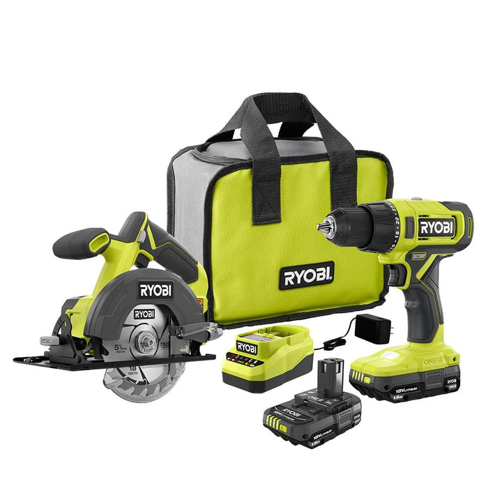 RYOBI ONE+ 18-Volt Lithium-Ion Cordless 2-Tool Combo Kit with 1/2 in. Drill/Driver, 5-1/2 in. Circular Saw, (2) 1.5 Ah Batteries, Charger and Bag