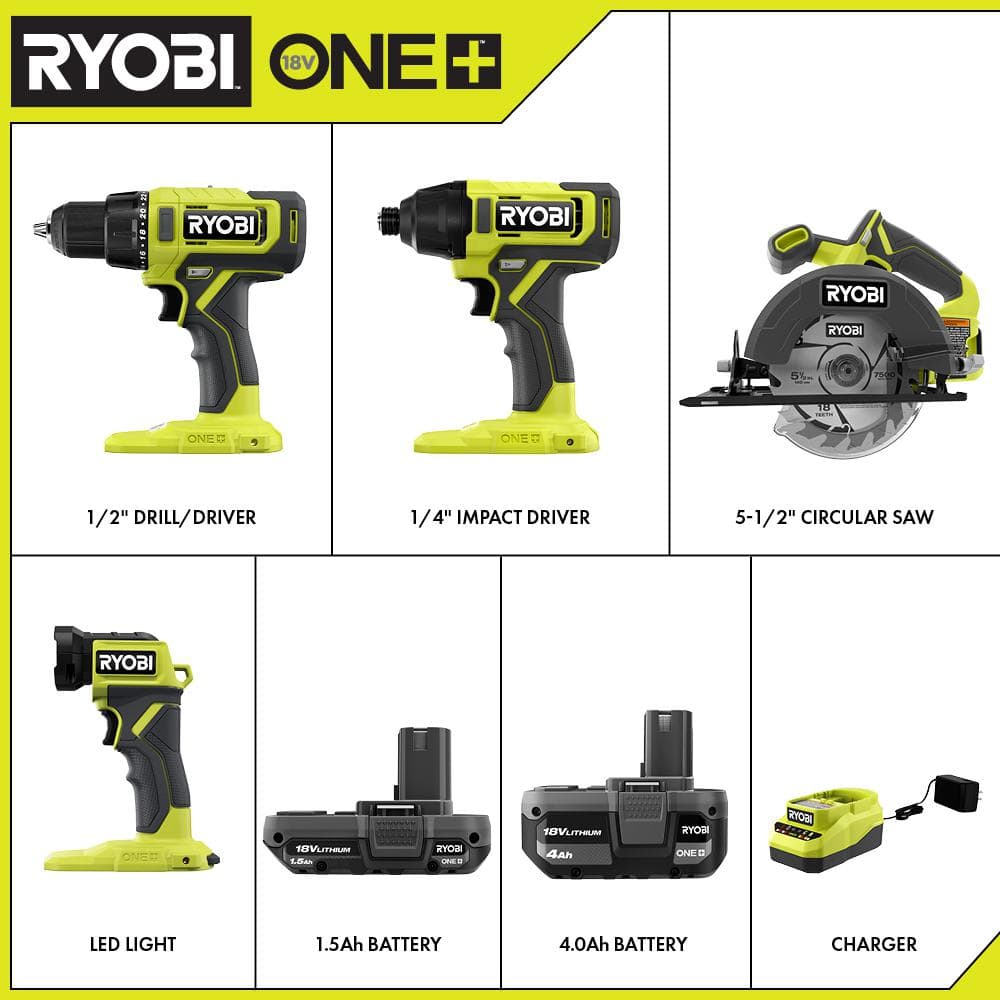 RYOBI ONE+ 18V Cordless 4-Tool Combo Kit with 1.5 Ah Battery, 4.0 Ah Battery, and Charger