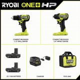 RYOBI ONE+ HP 18V Brushless Cordless Compact Drill & Impact Driver Kit w/(2) 1.5Ah Batteries, Charger, Bag, & 25-Piece Bit Set