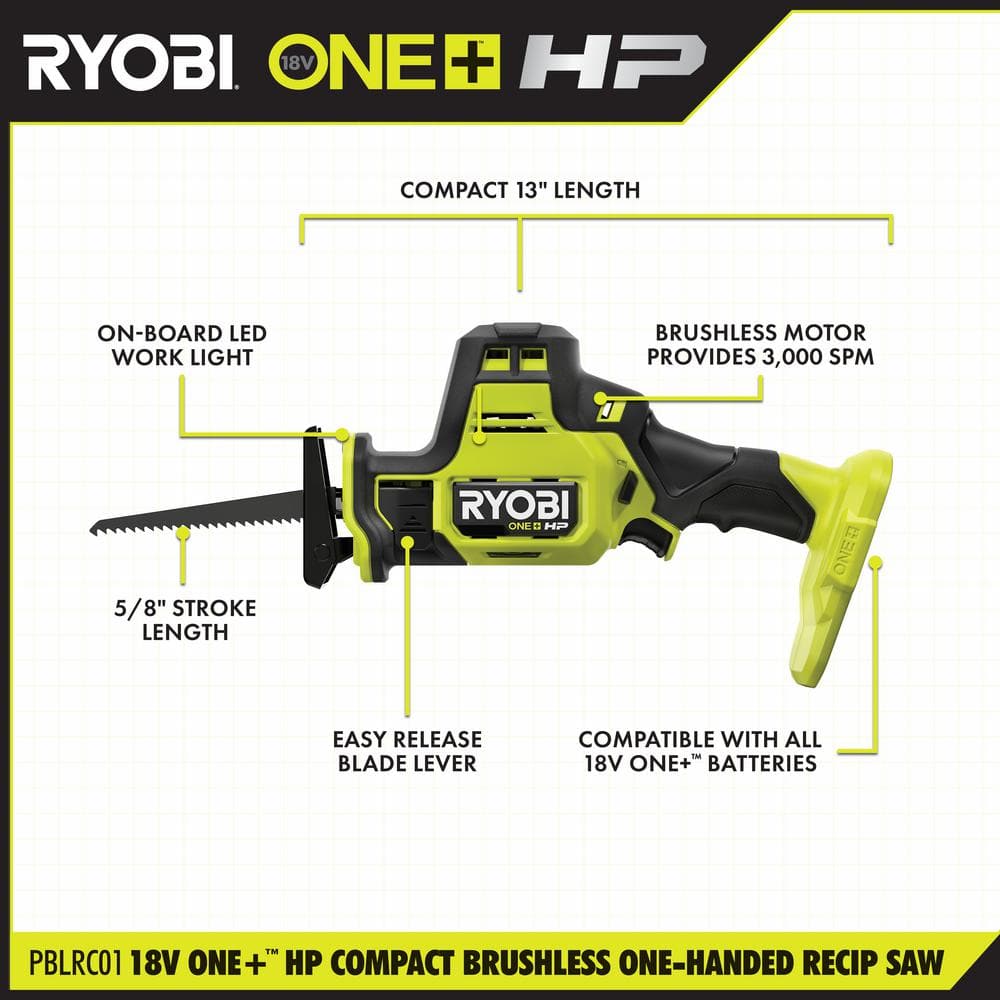 RYOBI ONE+ HP 18V Brushless Cordless Compact 2-Tool Combo Kit with Drill/Driver, One-Handed Recip Saw, 2 Ah Battery, & Charger