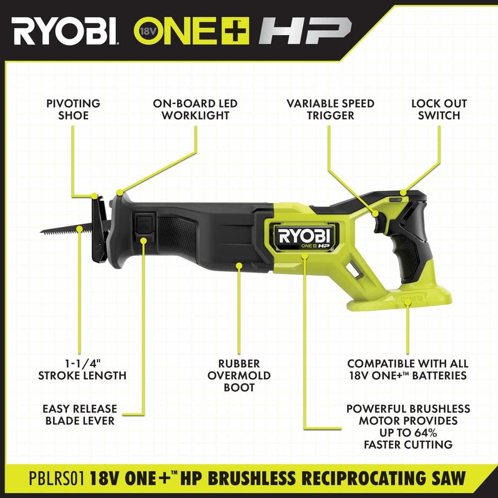 RYOBI ONE+ HP 18V Brushless Cordless Reciprocating Saw (Tool Only) with Reciprocating Saw Blade Set (15-Piece)