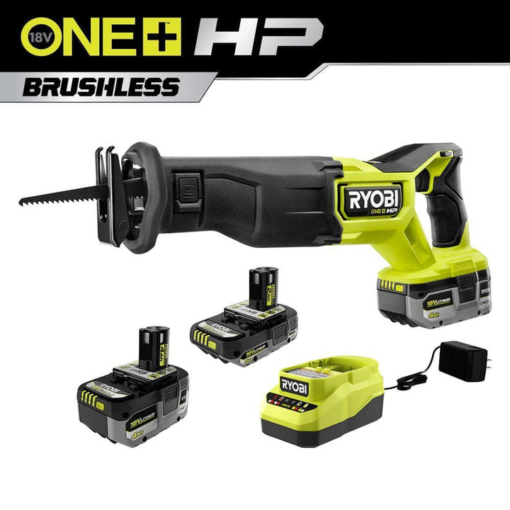 RYOBI 18-Volt ONE+ Cordless Brushless Reciprocating Saw Kit with Wood-Cutting Blade, 2.0 Ah Battery and Charger